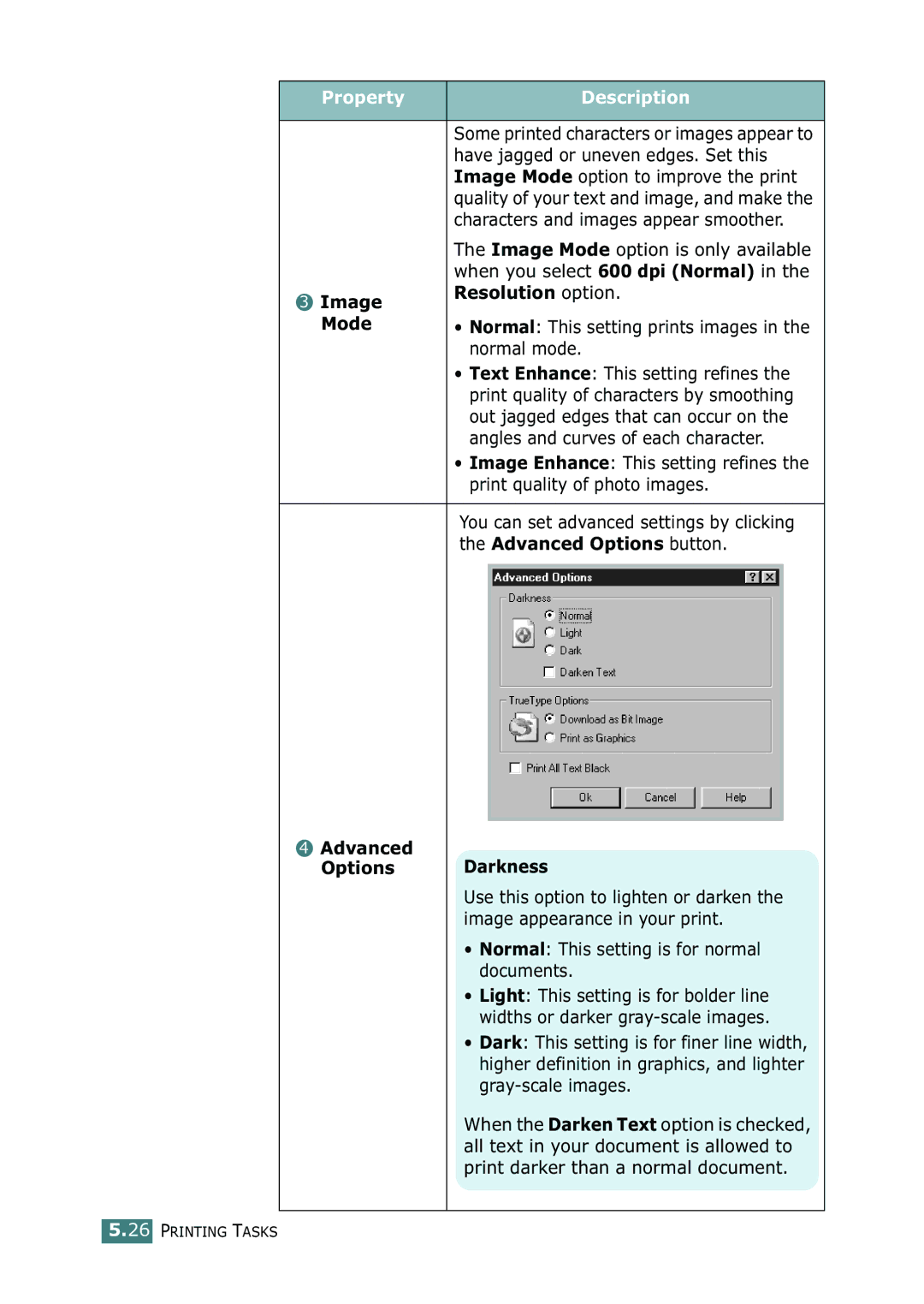 Samsung ML-2150 manual Image Resolution option Mode, Advanced Options button, Advanced Options Darkness 