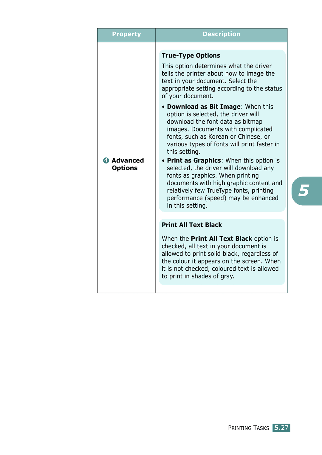 Samsung ML-2150 manual True-Type Options, Download as Bit Image When this, Advanced, Print All Text Black 