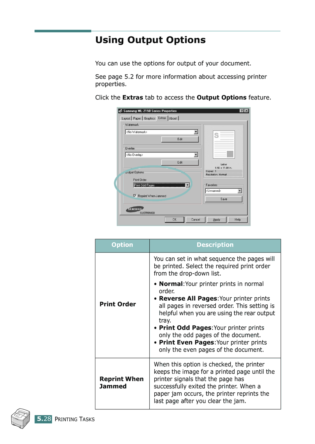 Samsung ML-2150 manual Using Output Options, Option Description, Print Order, Reprint When, Jammed 