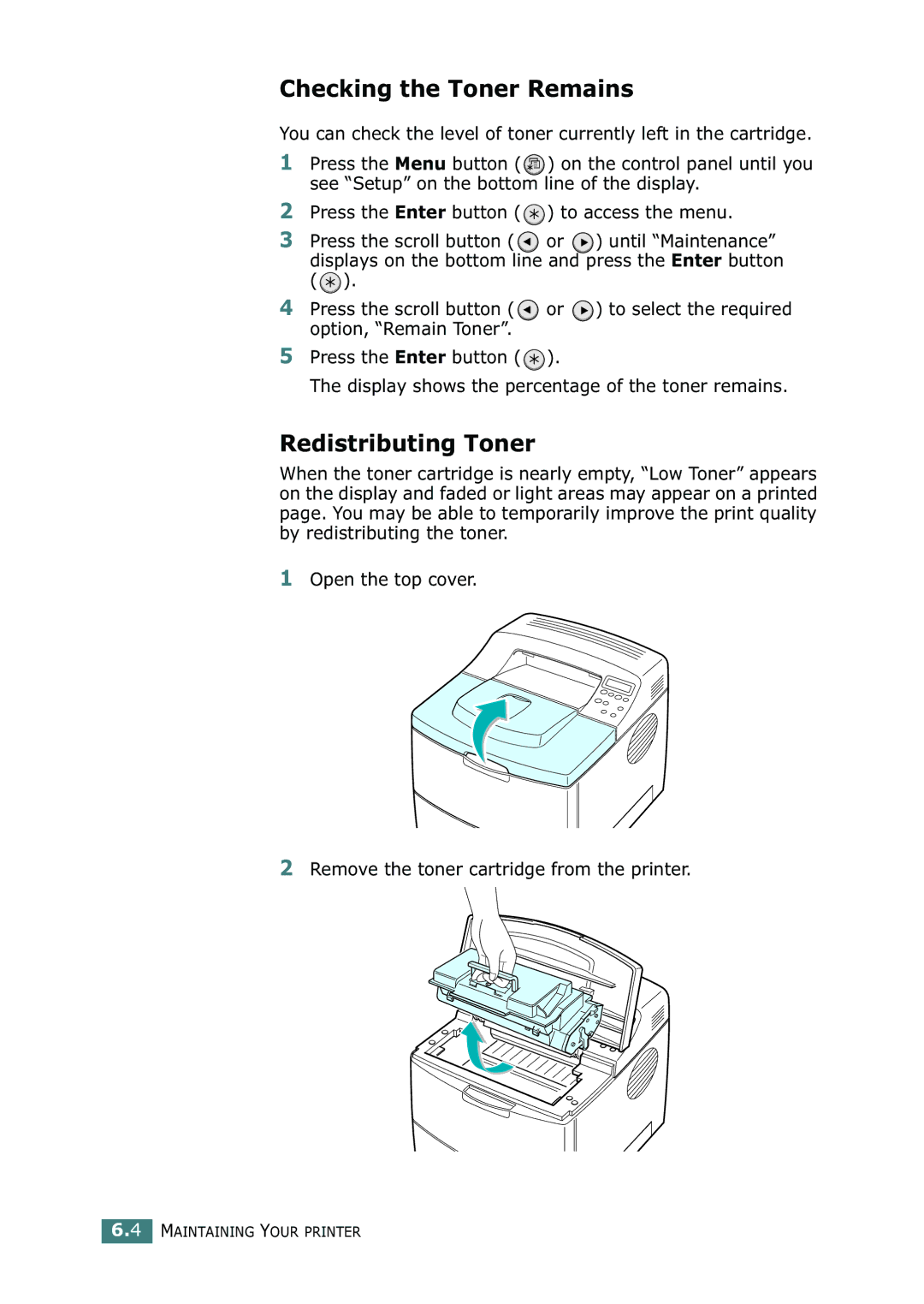 Samsung ML-2150 manual Checking the Toner Remains, Redistributing Toner 