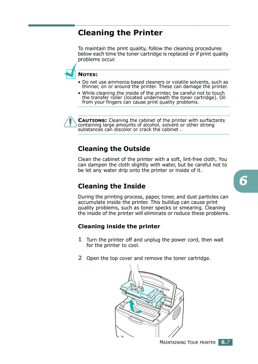 Samsung ML-2150 manual Cleaning the Printer, Cleaning the Outside, Cleaning the Inside, Cleaning inside the printer 