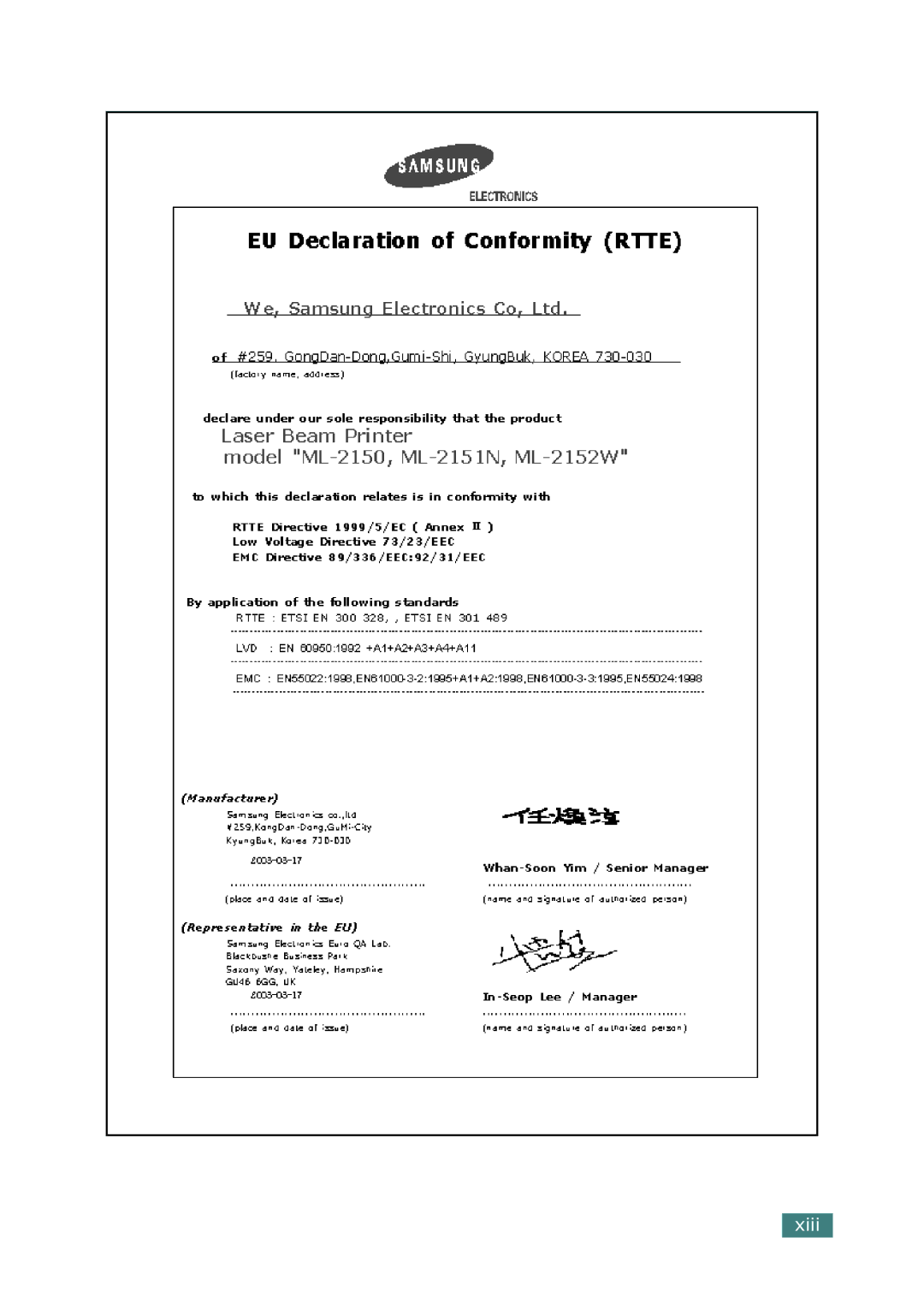 Samsung ML-2150 manual Xiii 