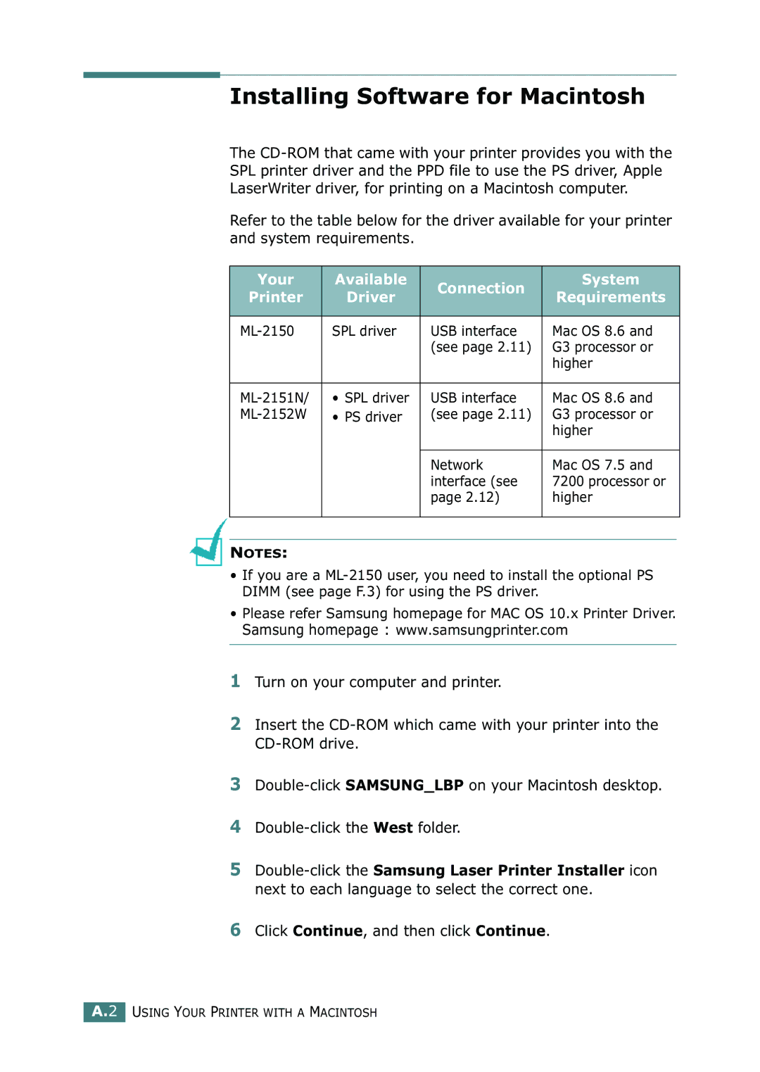 Samsung ML-2150 manual Installing Software for Macintosh 