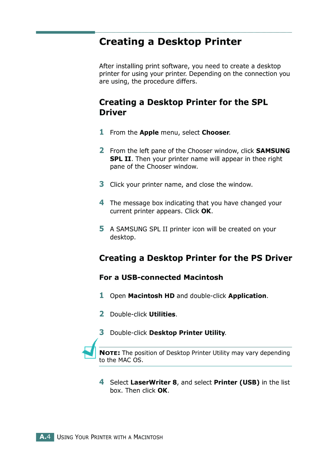 Samsung ML-2150 manual Creating a Desktop Printer for the SPL Driver, Creating a Desktop Printer for the PS Driver 