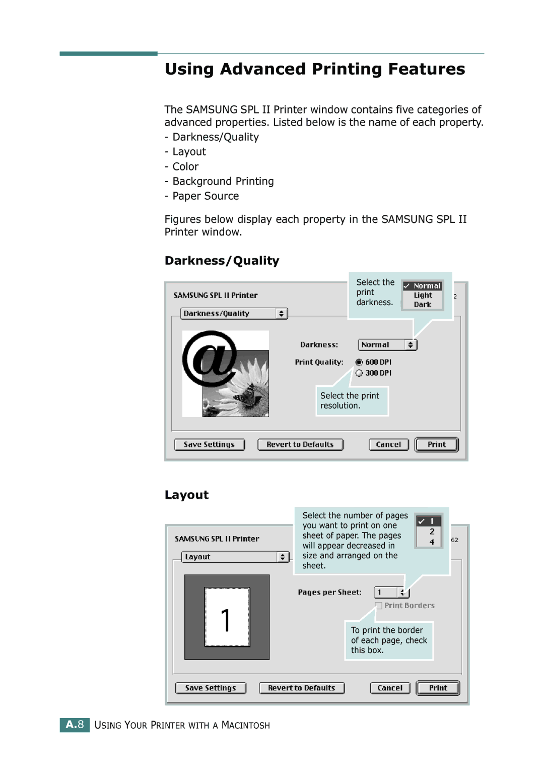 Samsung ML-2150 manual Using Advanced Printing Features, Darkness/Quality, Layout 