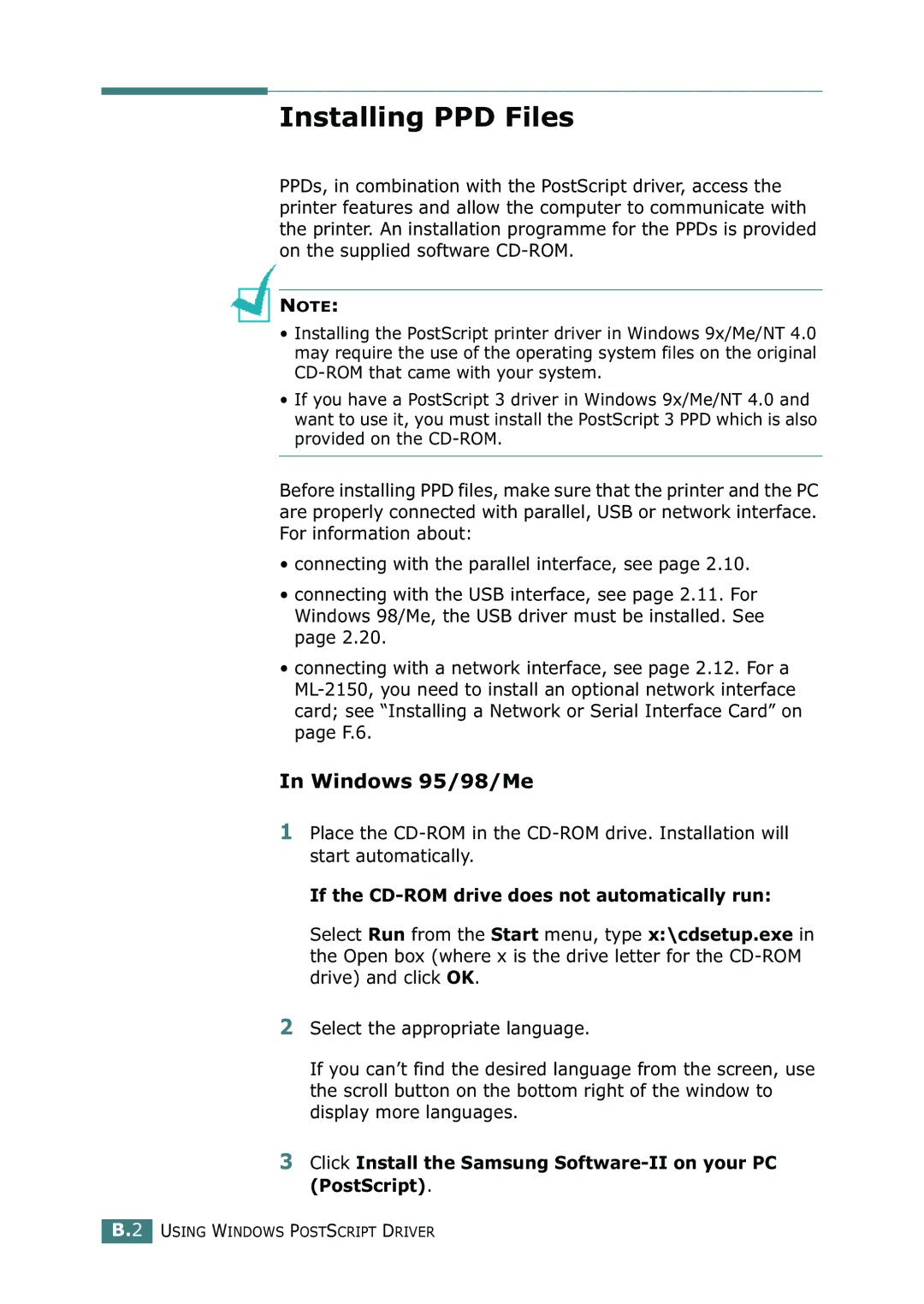 Samsung ML-2150 manual Installing PPD Files, Windows 95/98/Me, Click Install the Samsung Software-II on your PC PostScript 