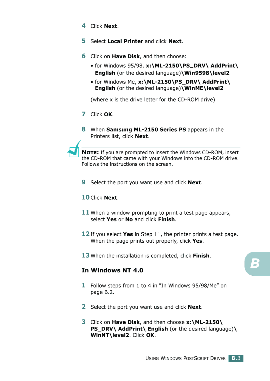 Samsung ML-2150 manual Windows NT, Where x is the drive letter for the CD-ROM drive Click OK 