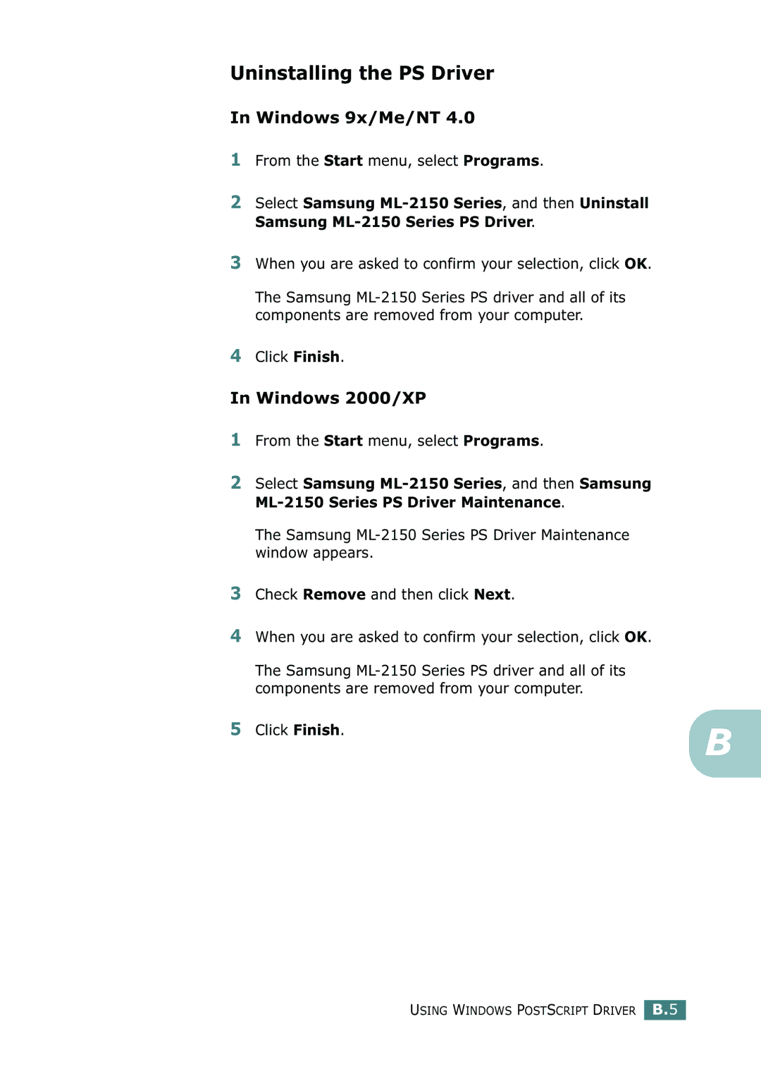 Samsung ML-2150 manual Uninstalling the PS Driver, Windows 9x/Me/NT 