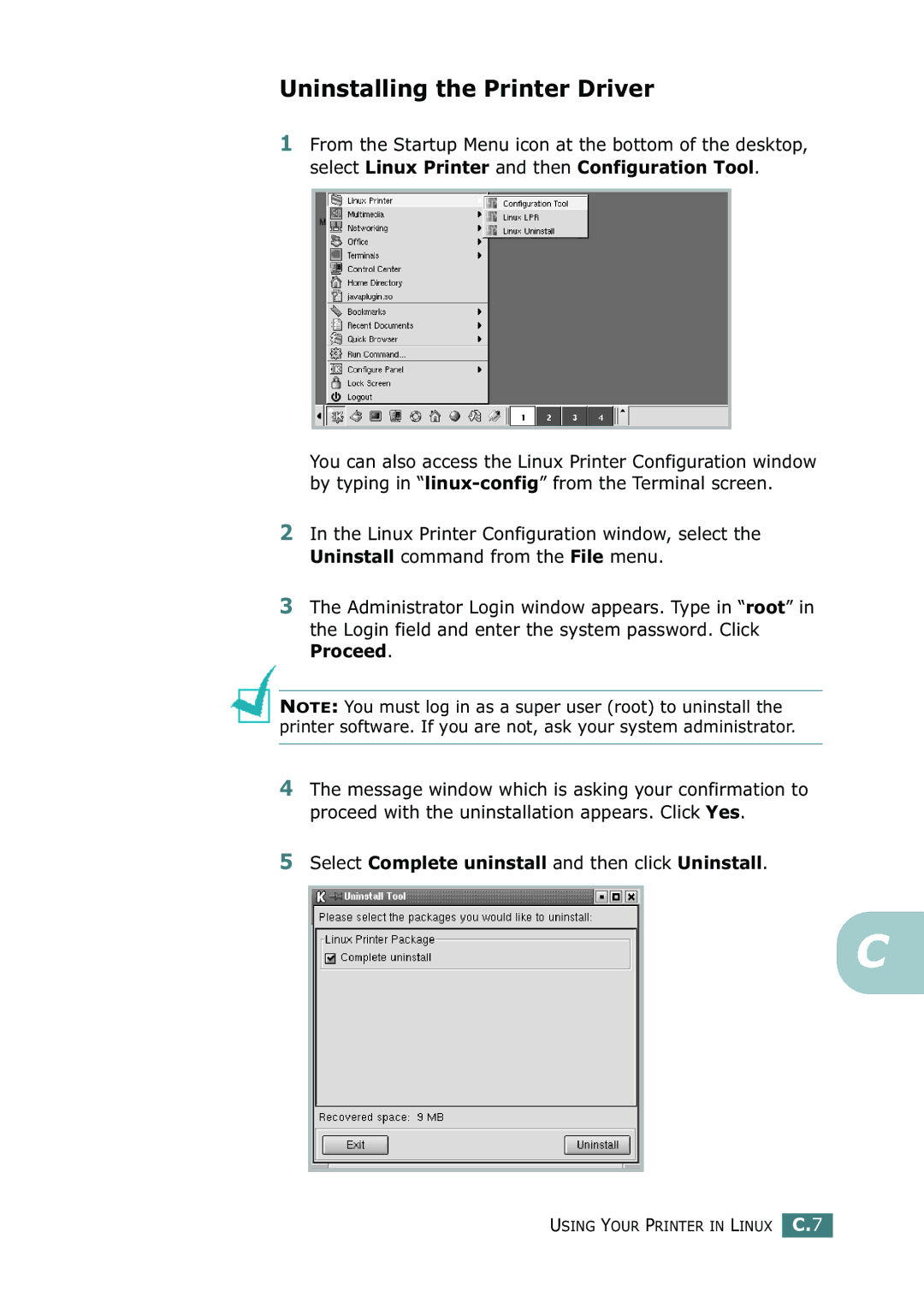 Samsung ML-2150 manual Uninstalling the Printer Driver, Select Complete uninstall and then click Uninstall 