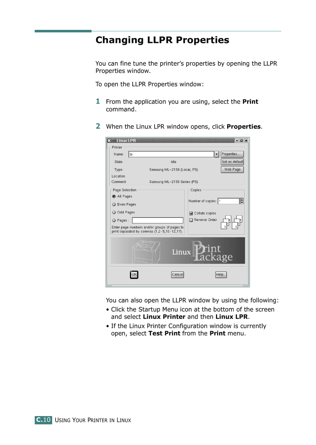 Samsung ML-2150 manual Changing Llpr Properties 