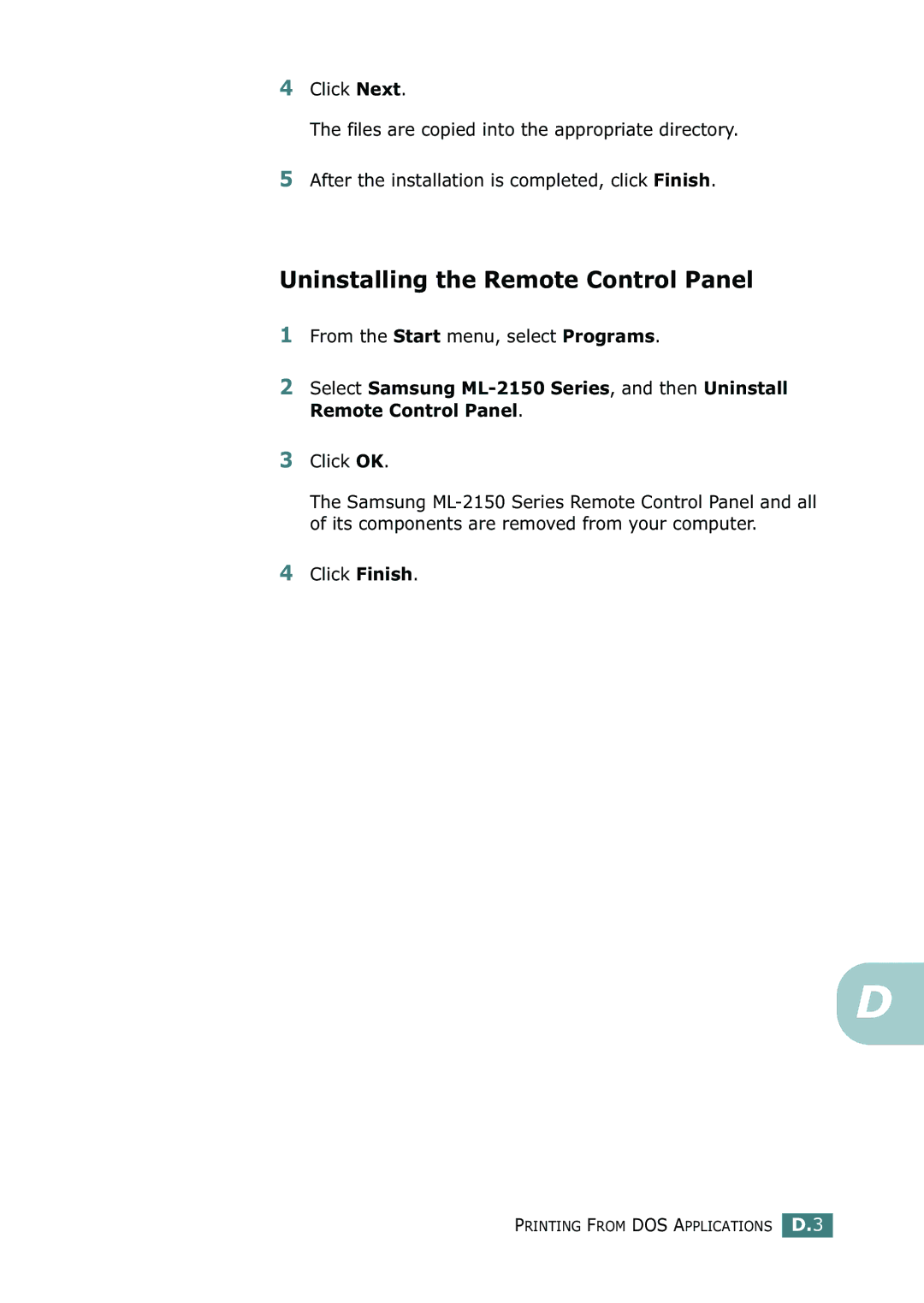 Samsung ML-2150 manual Uninstalling the Remote Control Panel, From the Start menu, select Programs 