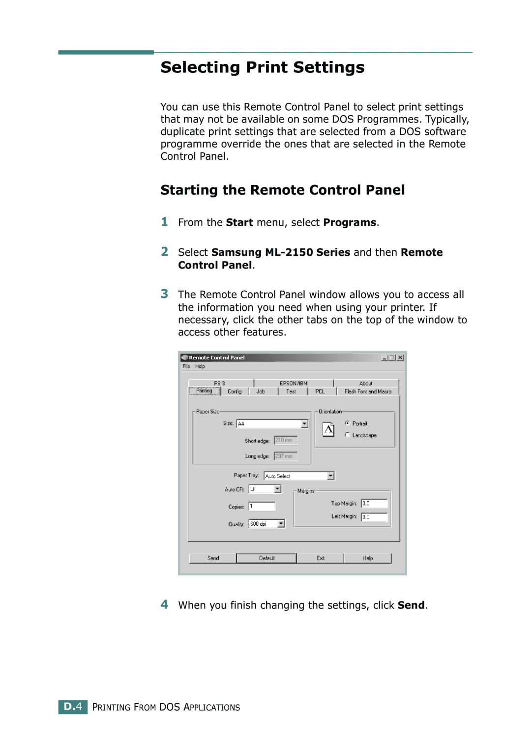 Samsung ML-2150 manual Selecting Print Settings, Starting the Remote Control Panel 