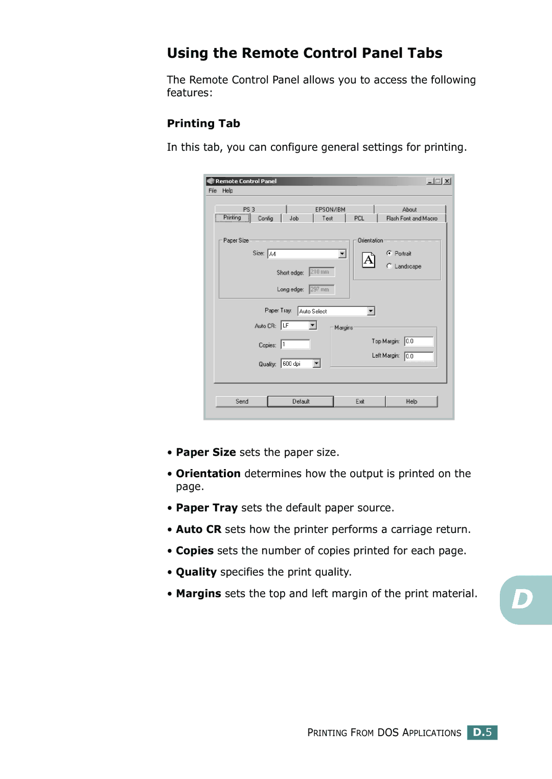 Samsung ML-2150 manual Using the Remote Control Panel Tabs, Printing Tab 