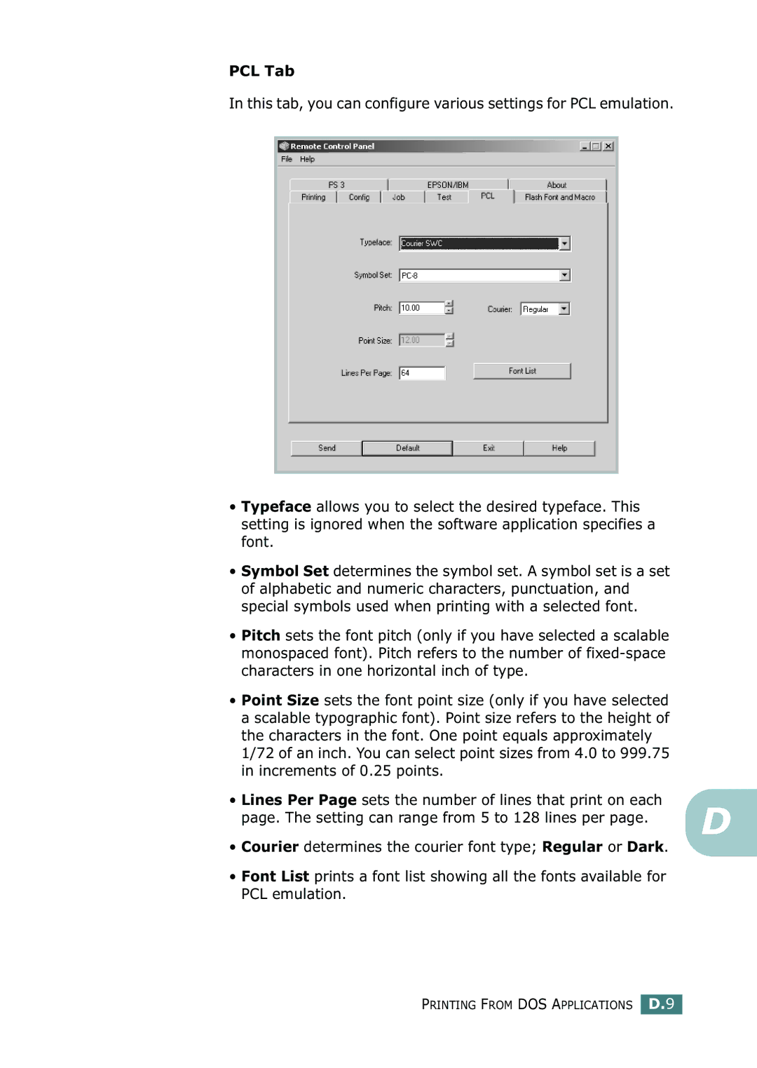 Samsung ML-2150 manual PCL Tab, Page. The setting can range from 5 to 128 lines per 