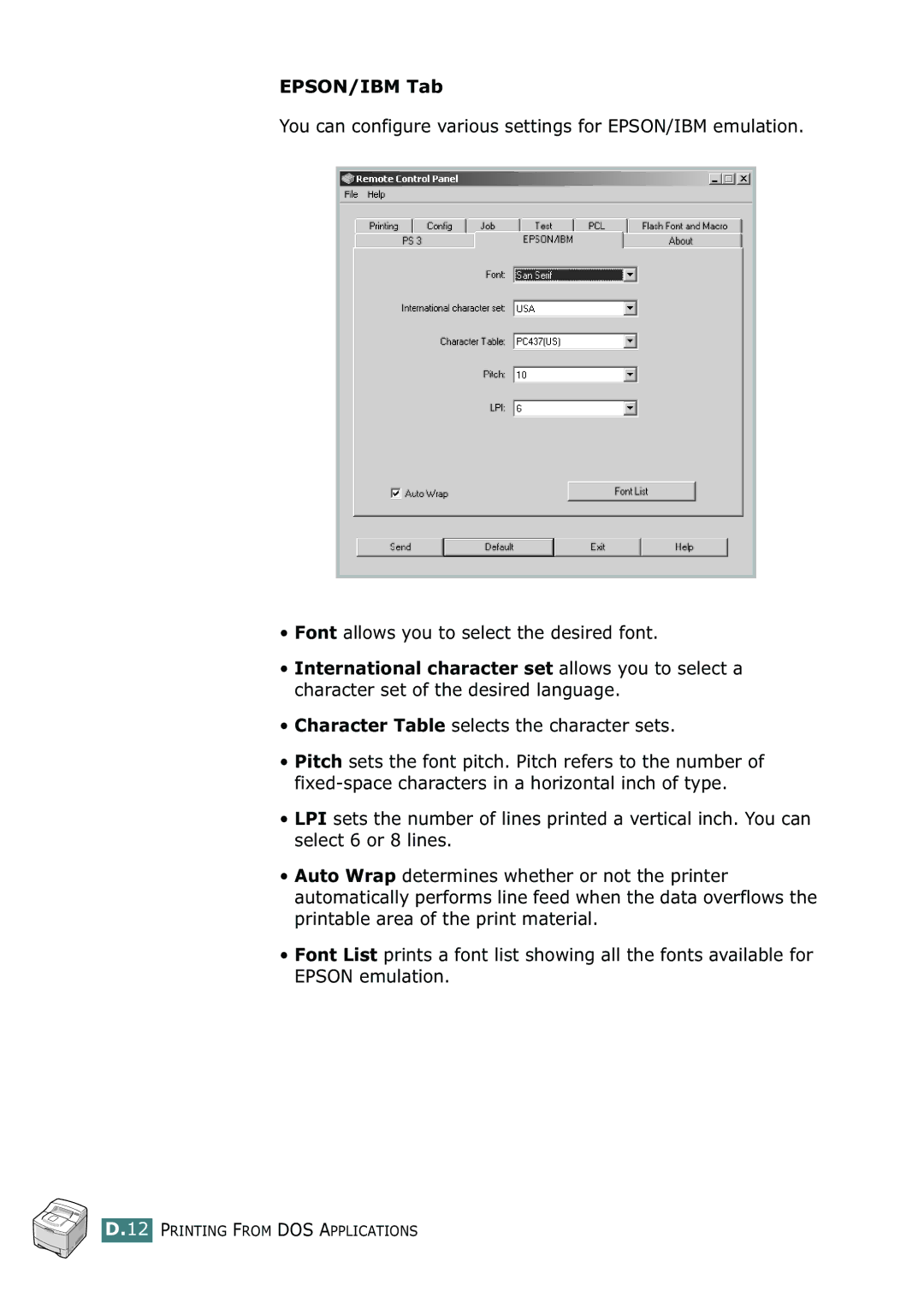 Samsung ML-2150 manual EPSON/IBM Tab, Character Table selects the character sets 