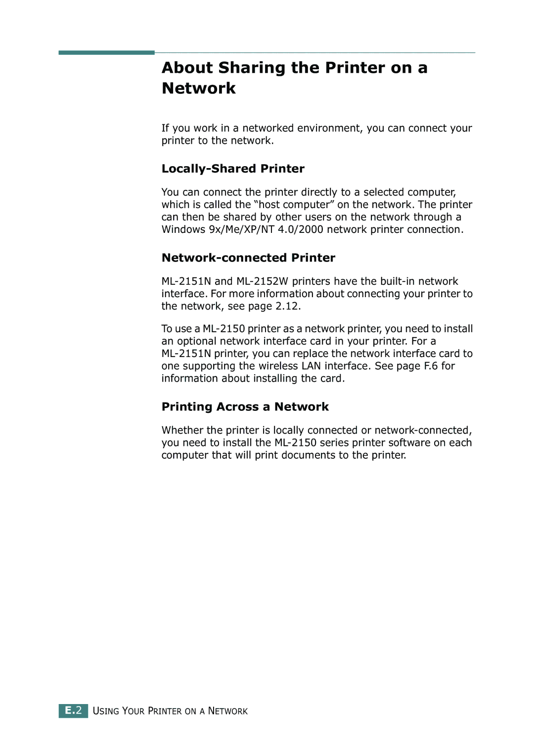 Samsung ML-2150 manual About Sharing the Printer on a Network, Locally-Shared Printer, Network-connected Printer 