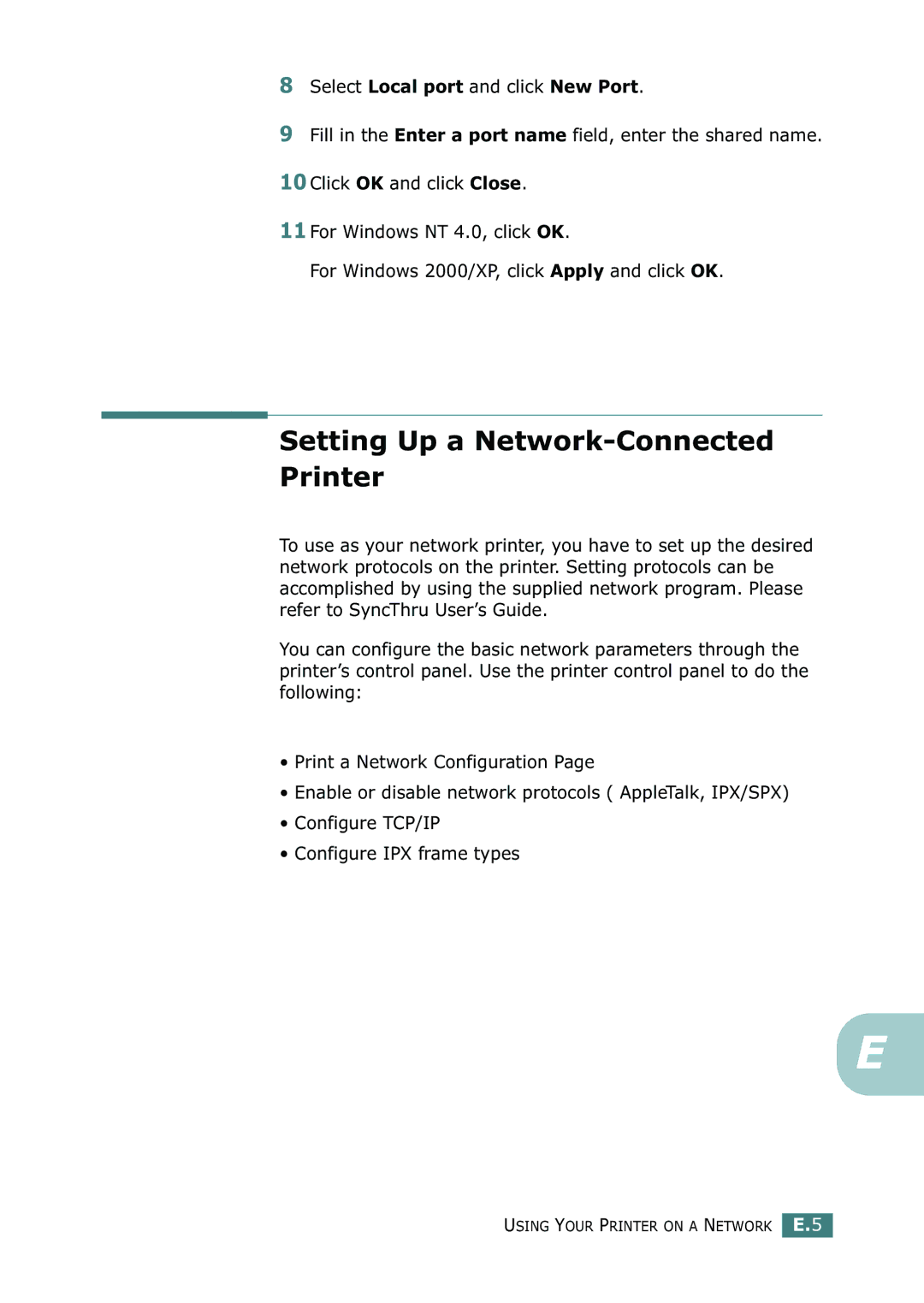 Samsung ML-2150 manual Setting Up a Network-Connected Printer, Select Local port and click New Port 