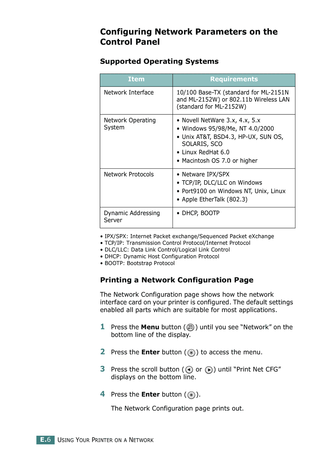 Samsung ML-2150 manual Configuring Network Parameters on the Control Panel, Supported Operating Systems 