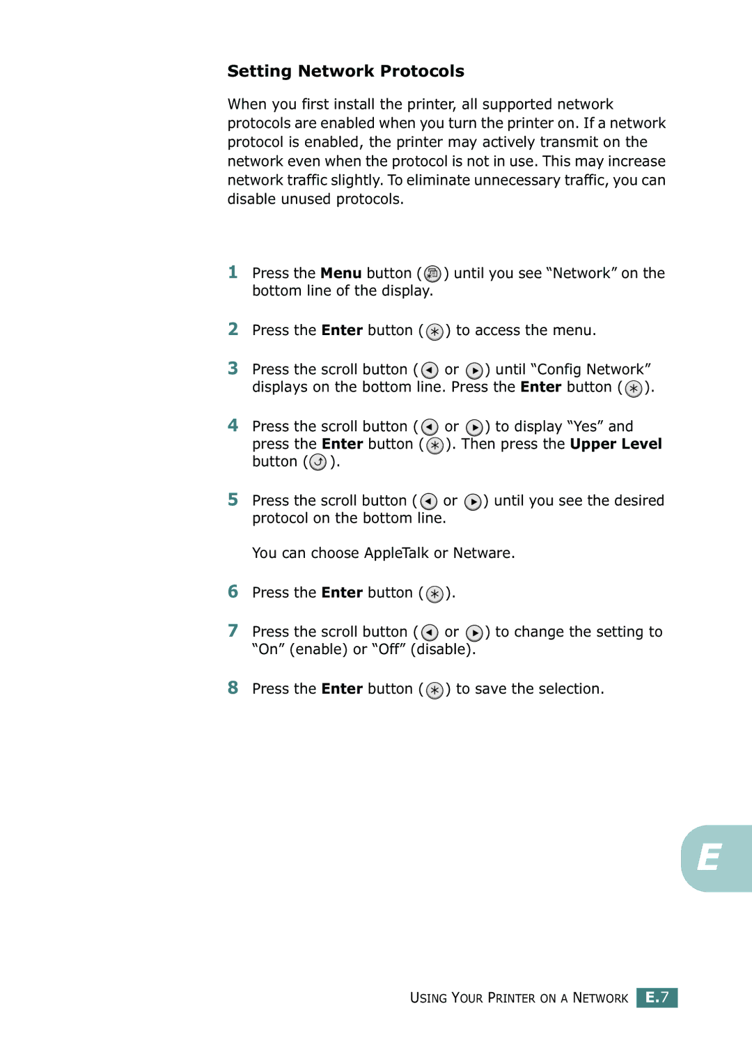 Samsung ML-2150 manual Setting Network Protocols 