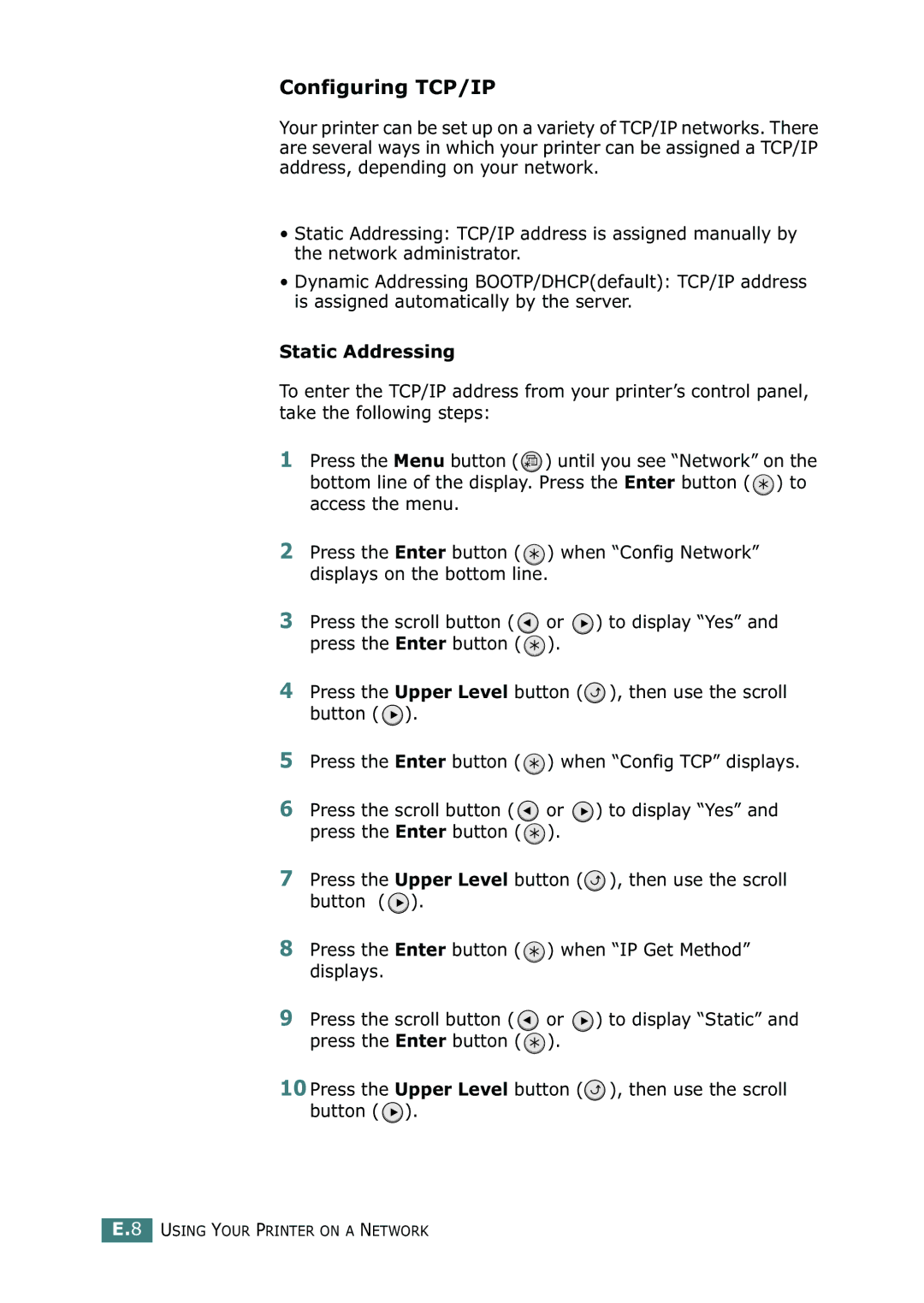 Samsung ML-2150 manual Configuring TCP/IP, Static Addressing 