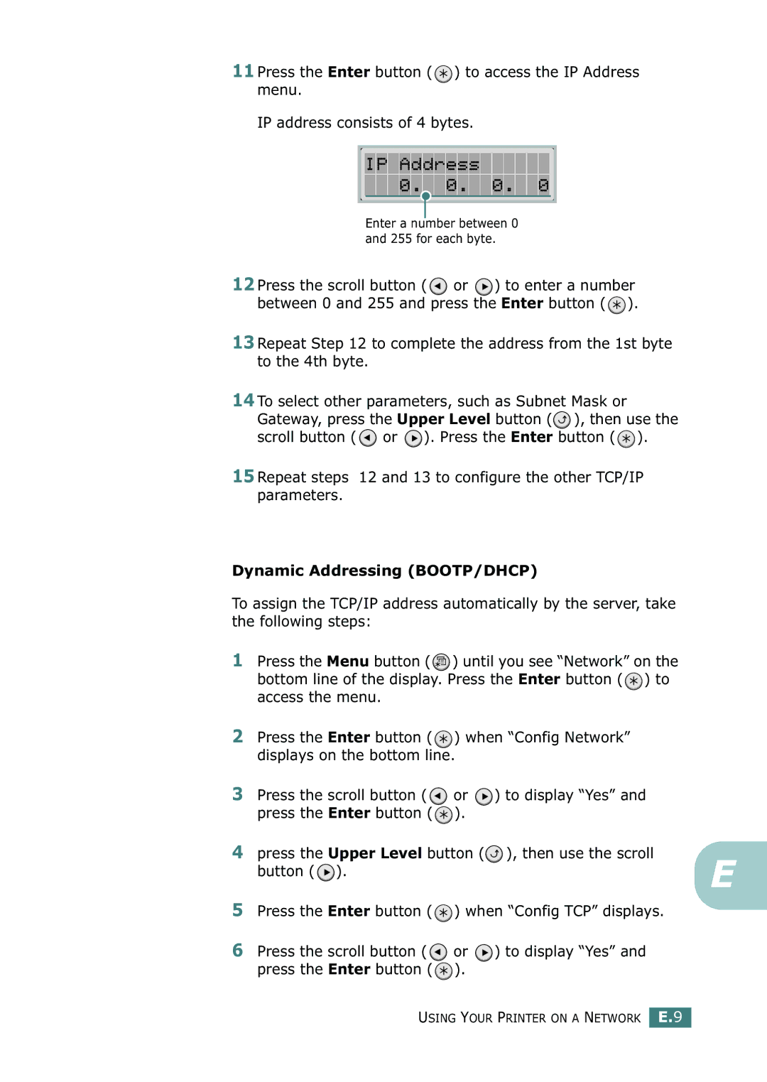 Samsung ML-2150 manual Dynamic Addressing BOOTP/DHCP 