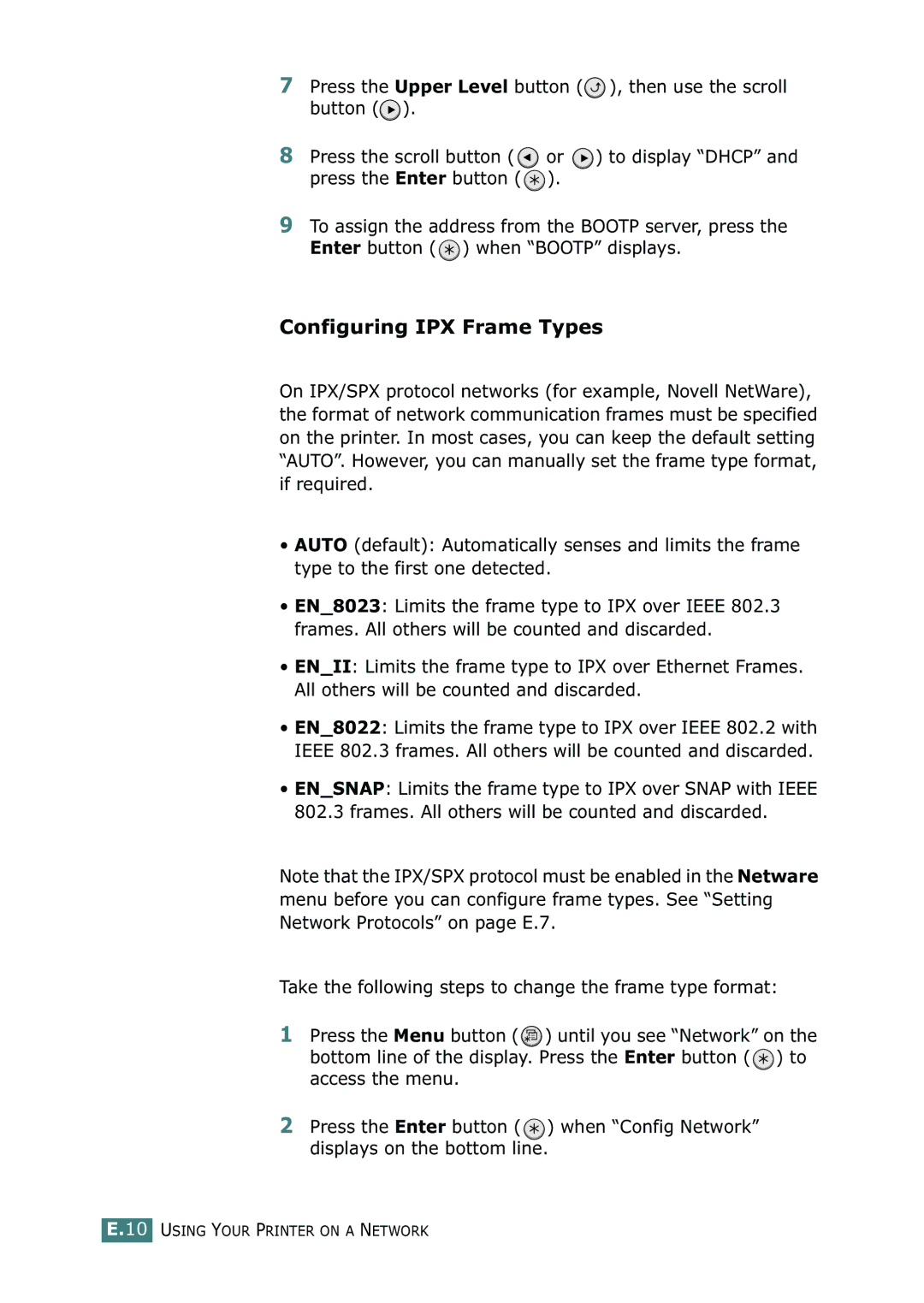 Samsung ML-2150 manual Configuring IPX Frame Types 