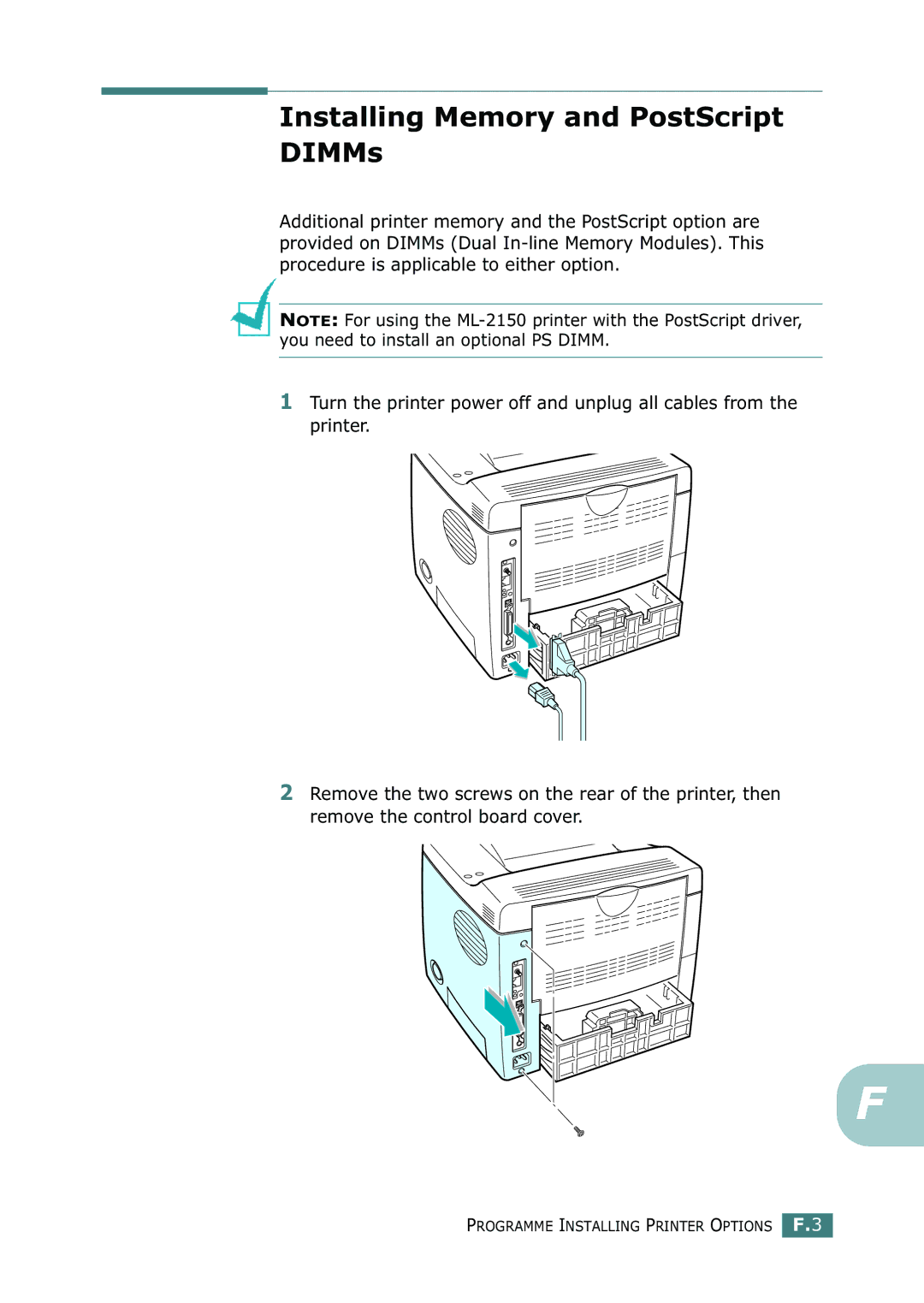 Samsung ML-2150 manual Installing Memory and PostScript DIMMs 