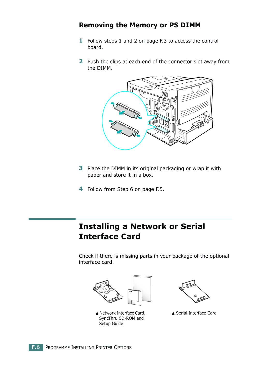 Samsung ML-2150 manual Installing a Network or Serial Interface Card, Removing the Memory or PS Dimm 