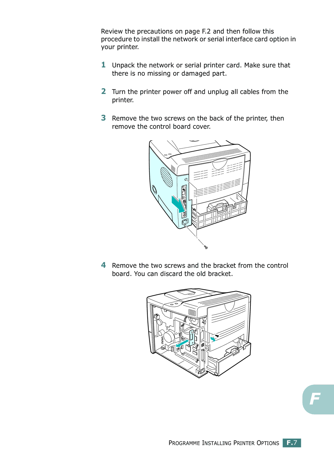 Samsung ML-2150 manual Programme Installing Printer Options F.7 