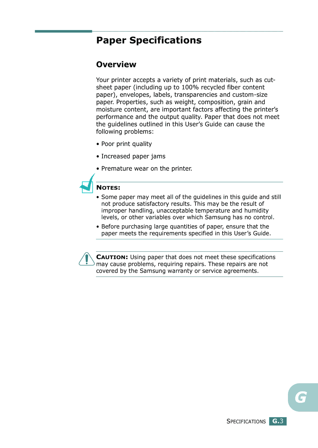 Samsung ML-2150 manual Paper Specifications, Overview 