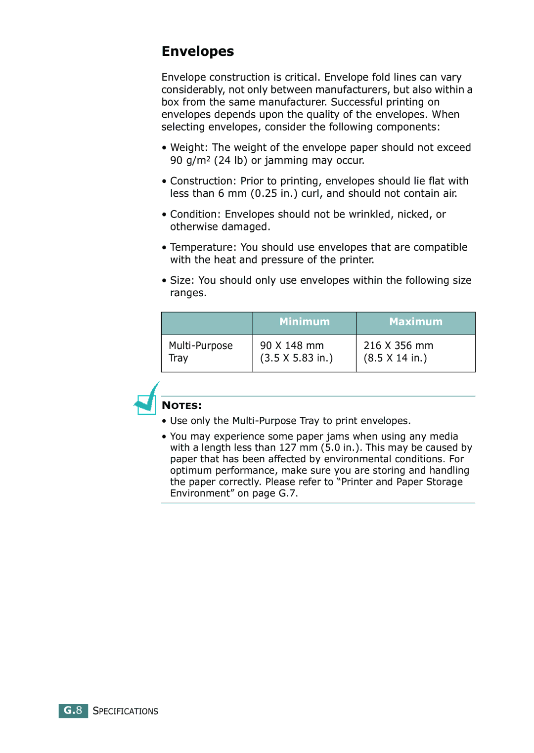 Samsung ML-2150 manual Envelopes, Minimum Maximum 