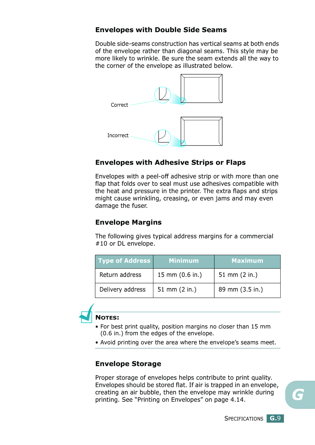 Samsung ML-2150 manual Envelopes with Double Side Seams, Envelopes with Adhesive Strips or Flaps, Envelope Margins 