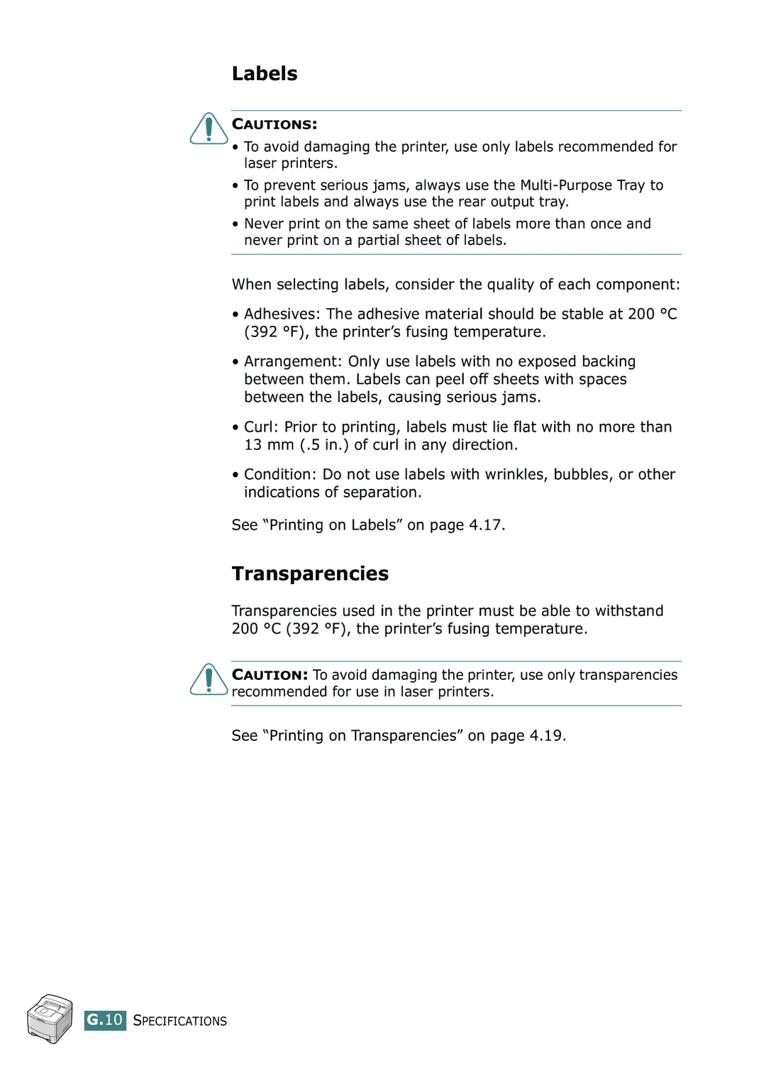 Samsung ML-2150 manual Labels, See Printing on Transparencies on 