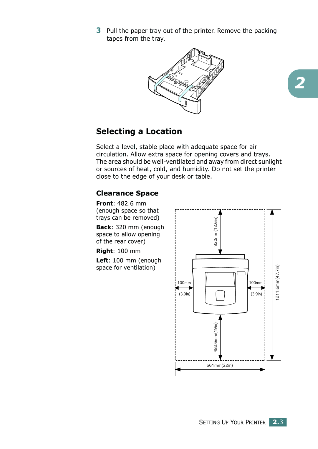 Samsung ML-2150 manual Selecting a Location, Clearance Space, Right 100 mm 