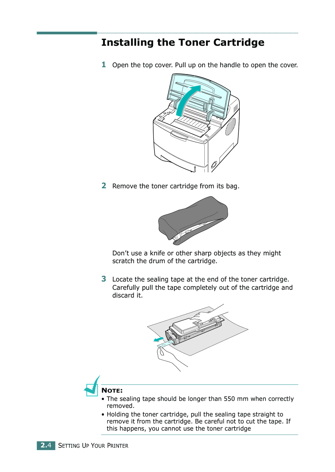 Samsung ML-2150 manual Installing the Toner Cartridge 