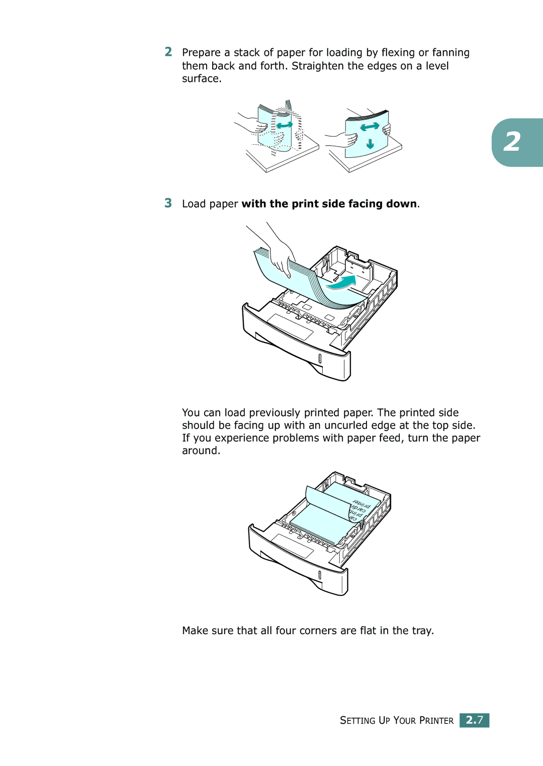 Samsung ML-2150 manual Load paper with the print side facing down 