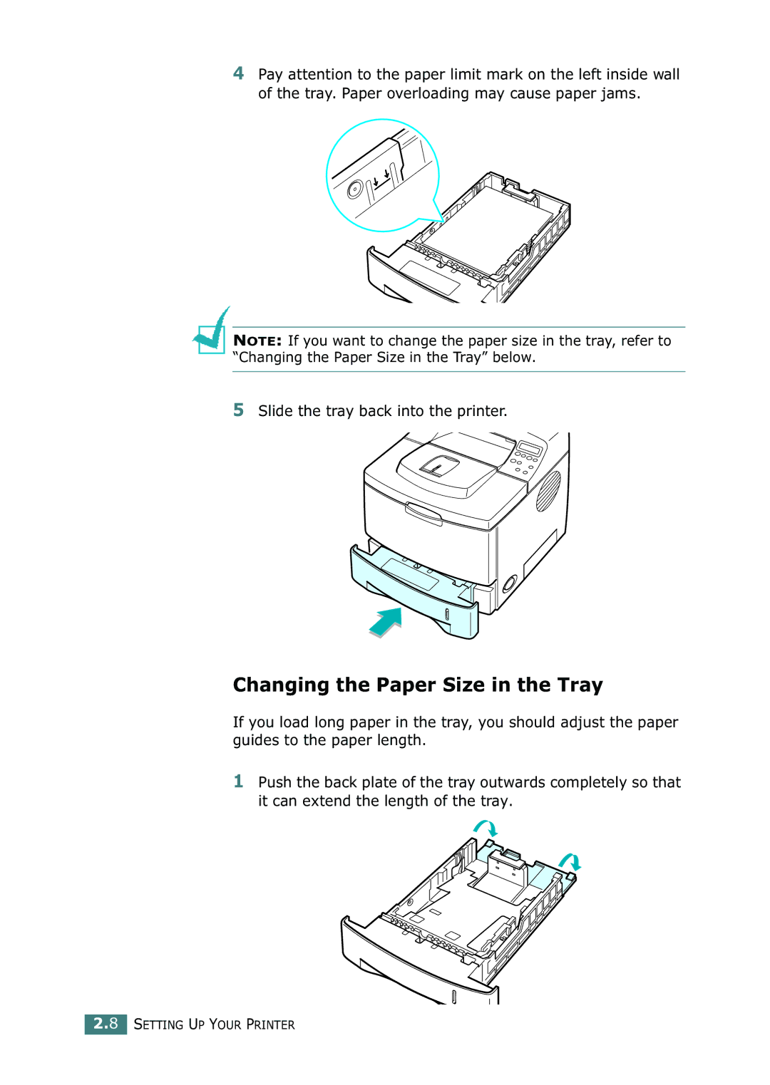 Samsung ML-2150 manual Changing the Paper Size in the Tray, Slide the tray back into the printer 