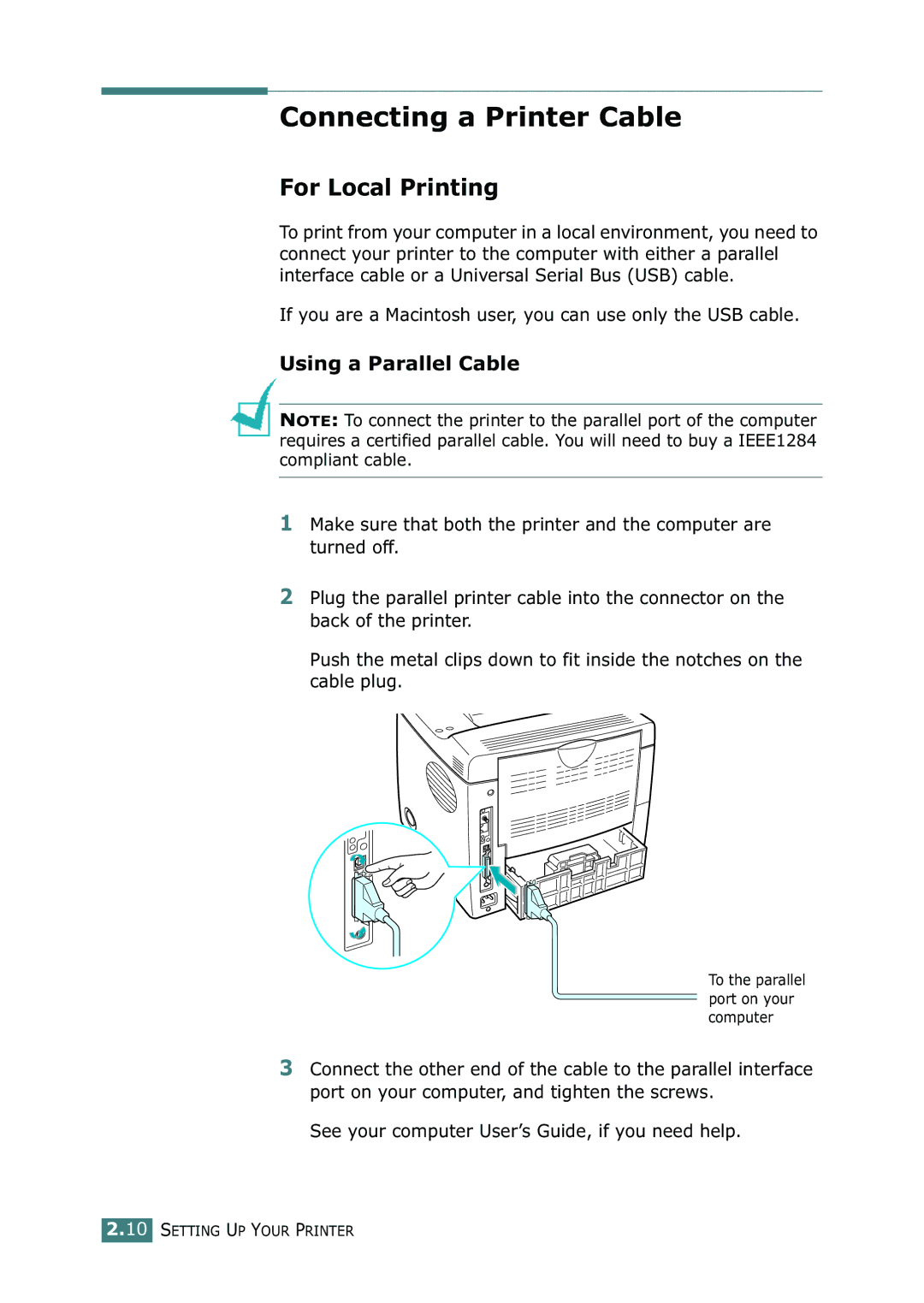 Samsung ML-2150 manual Connecting a Printer Cable, For Local Printing, Using a Parallel Cable 