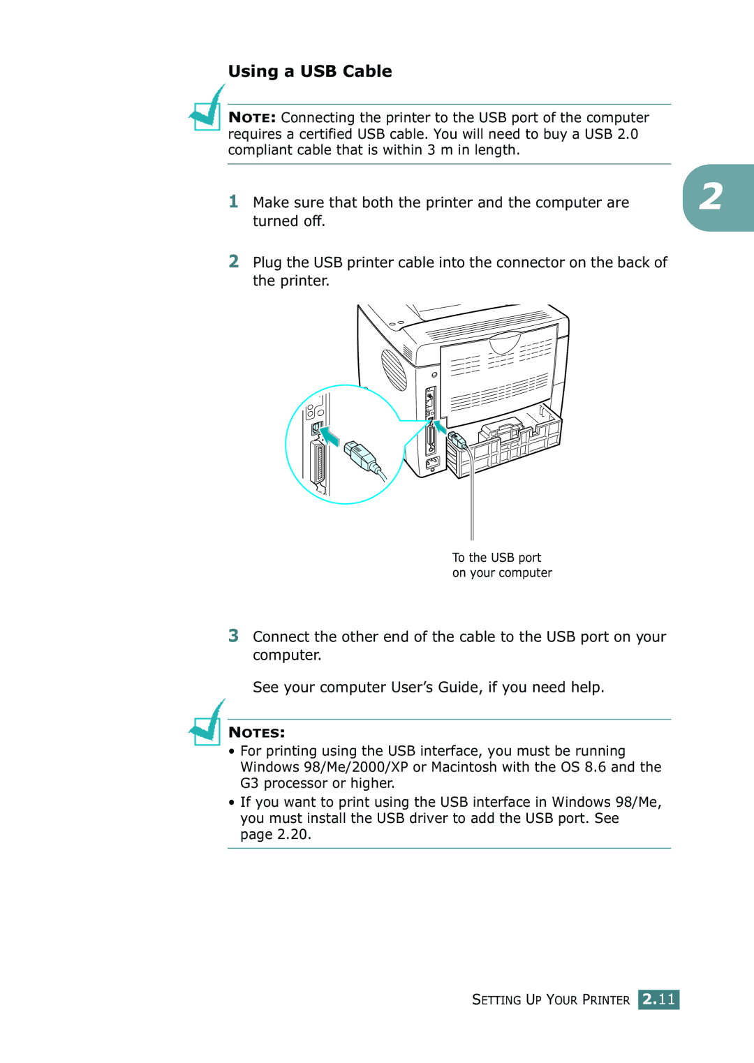 Samsung ML-2150 manual Using a USB Cable 