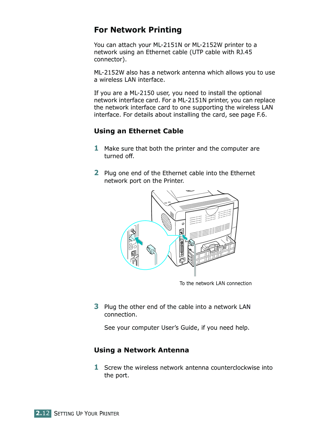 Samsung ML-2150 manual For Network Printing, Using an Ethernet Cable, Using a Network Antenna 