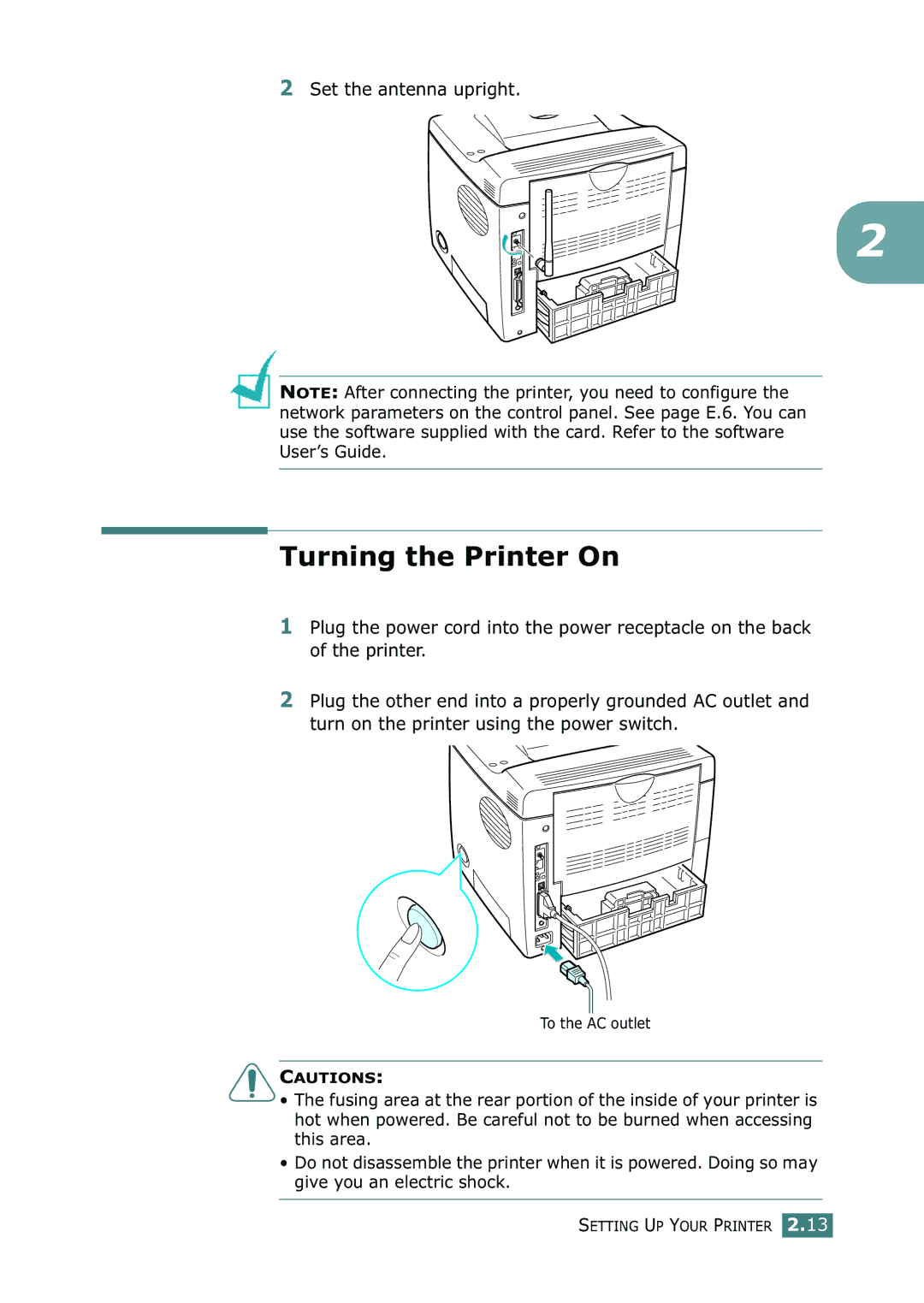 Samsung ML-2150 manual Turning the Printer On, Set the antenna upright 