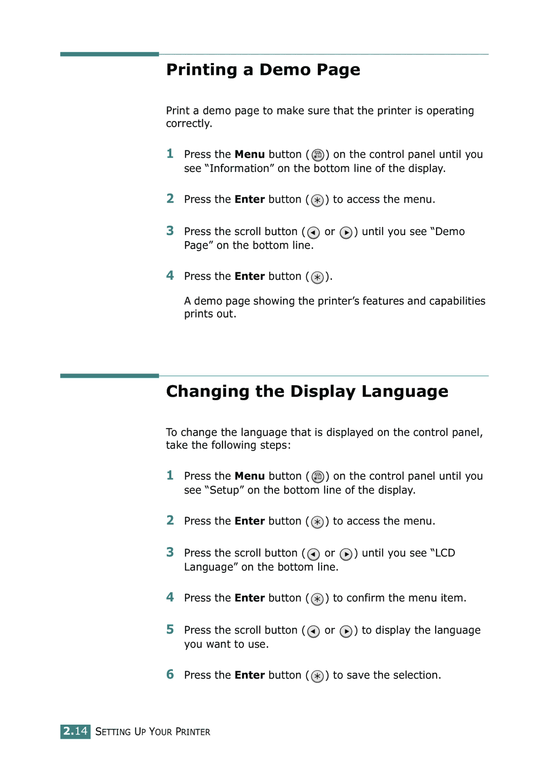 Samsung ML-2150 manual Printing a Demo, Changing the Display Language 