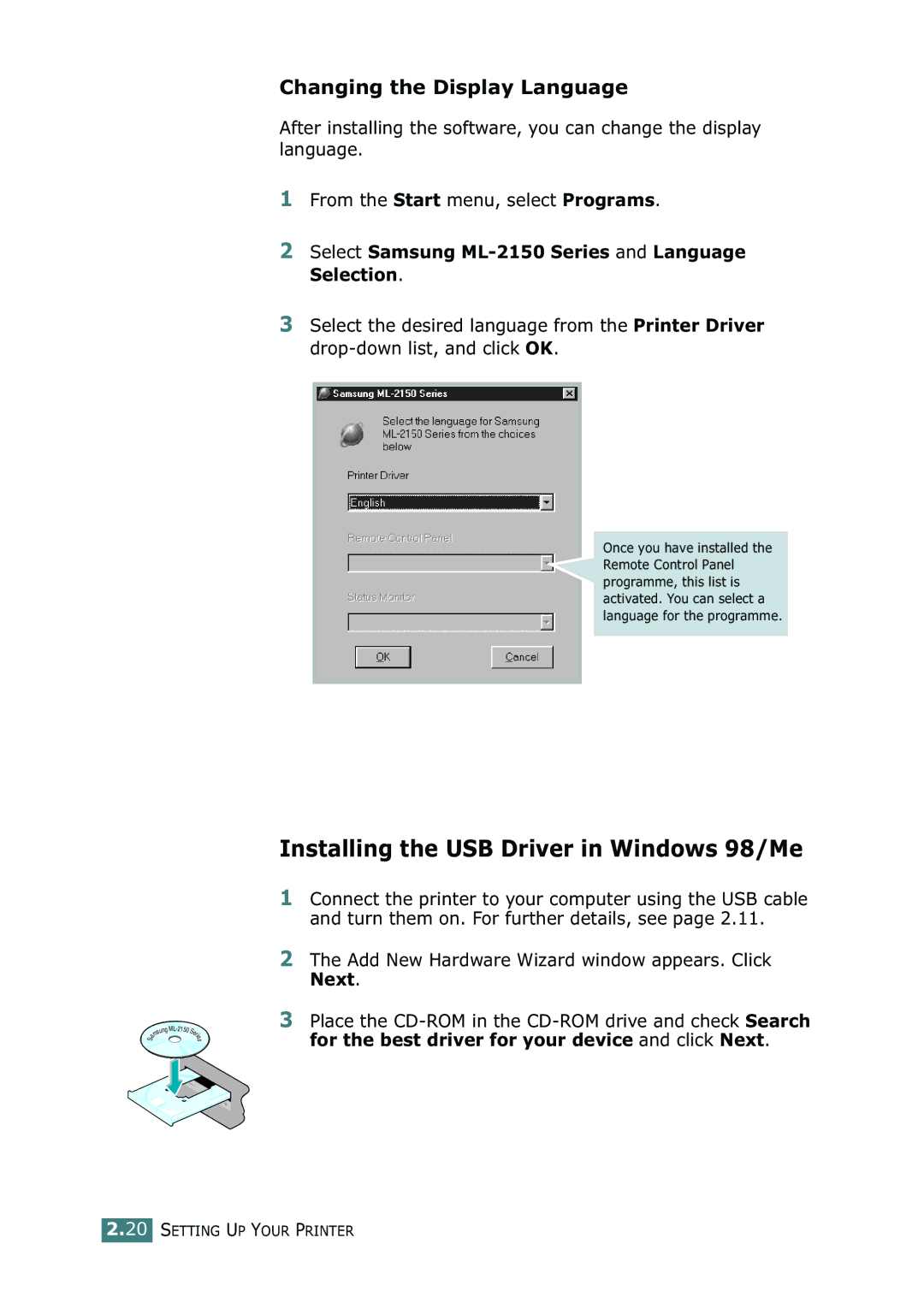 Samsung ML-2150 manual Installing the USB Driver in Windows 98/Me, Changing the Display Language 