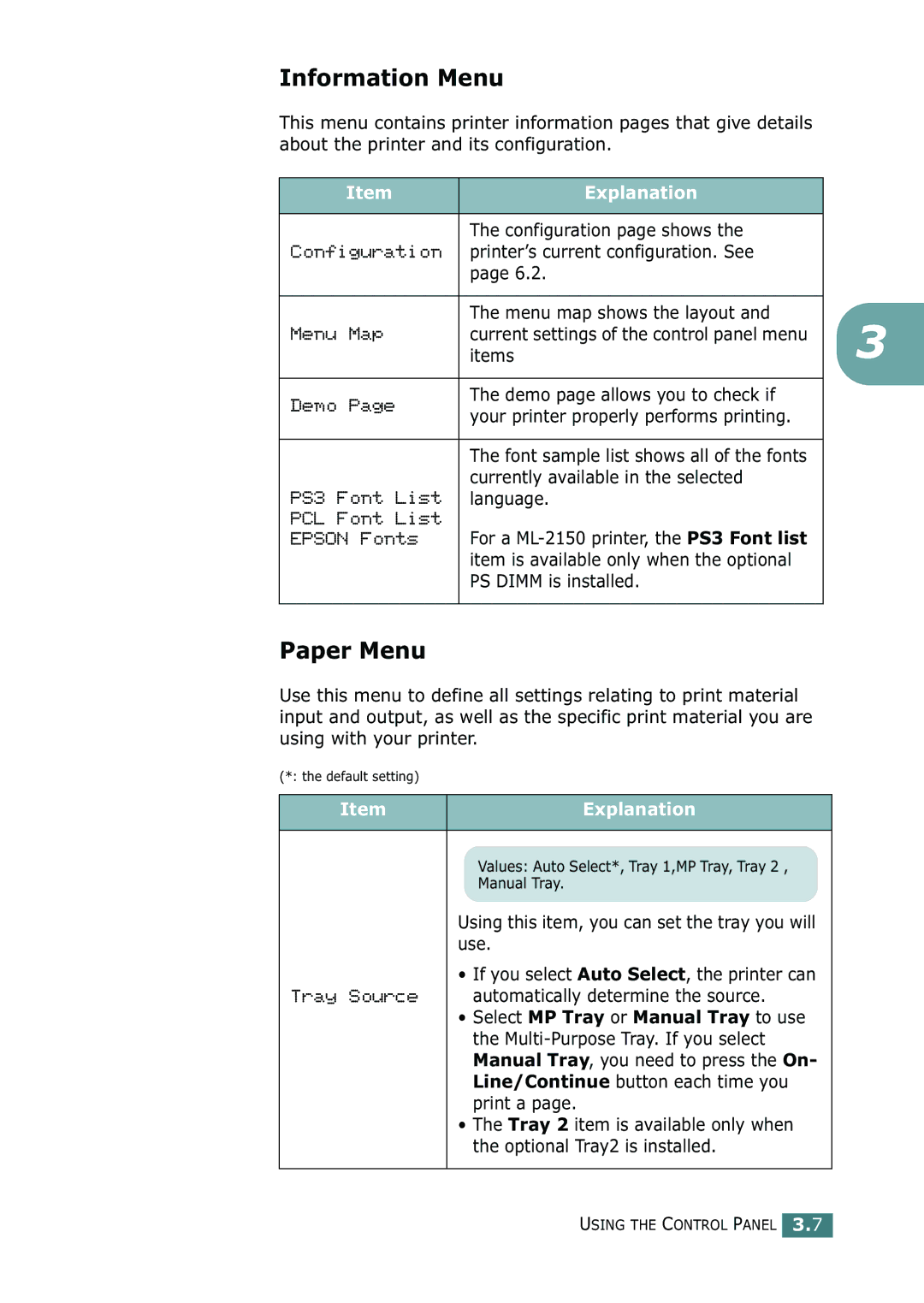 Samsung ML-2150 manual Information Menu, Paper Menu, Explanation 