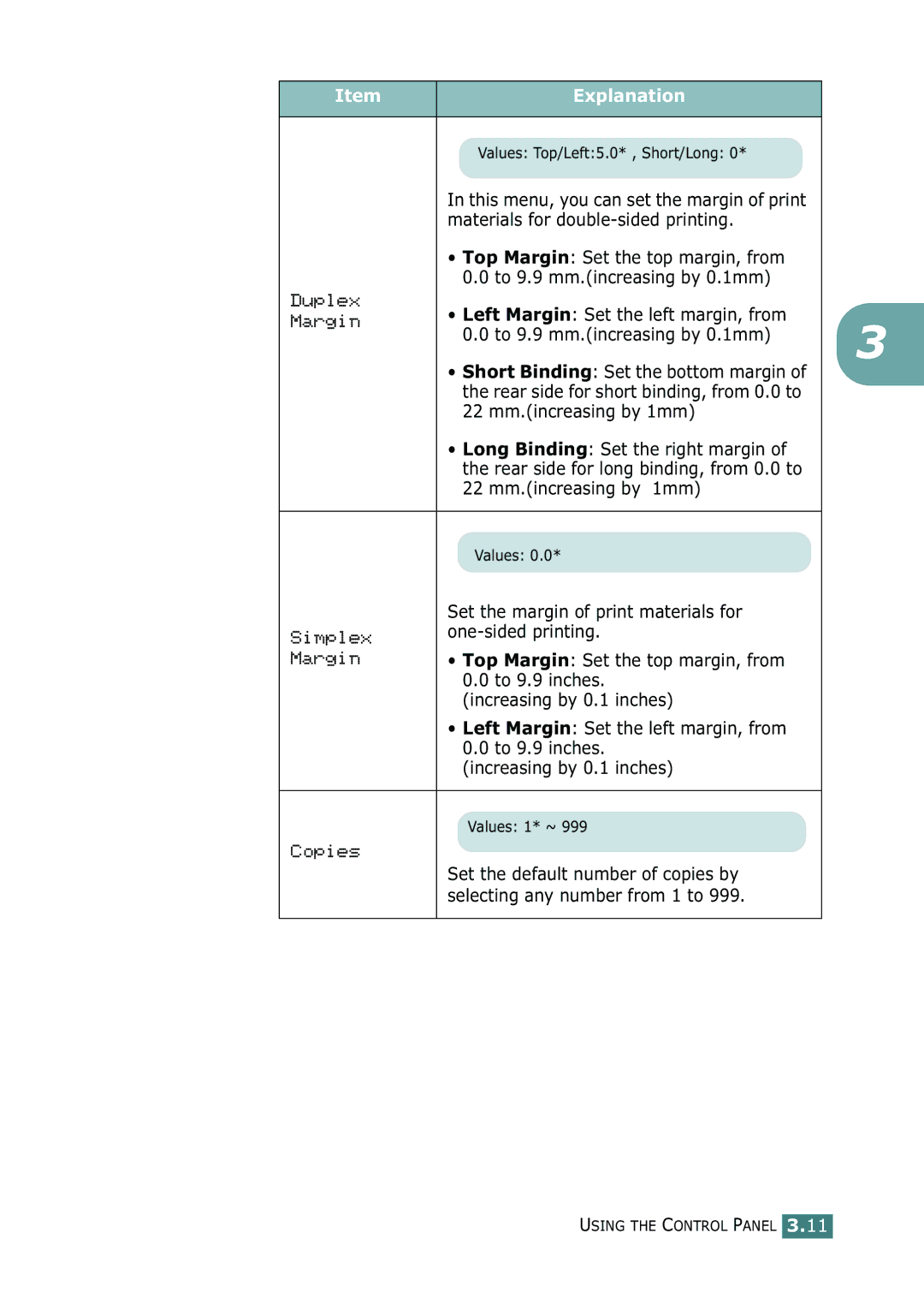 Samsung ML-2150 Materials for double-sided printing, Top Margin Set the top margin, from, To 9.9 mm.increasing by 0.1mm 