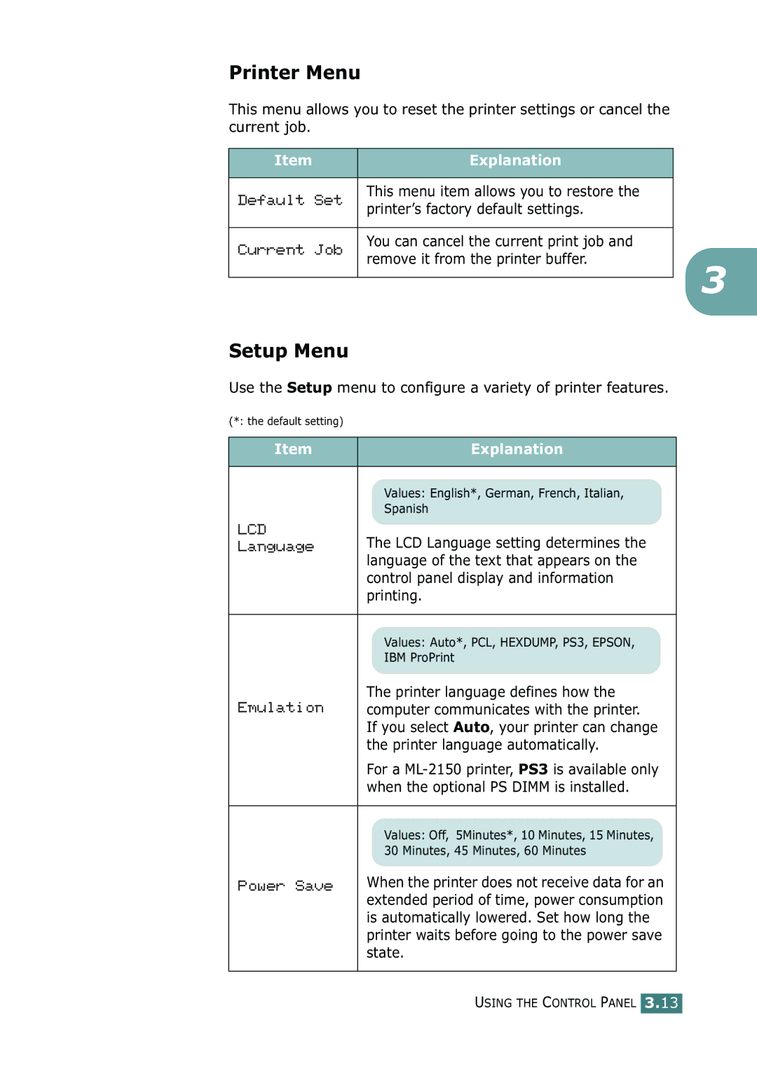 Samsung ML-2150 manual Printer Menu, Setup Menu 