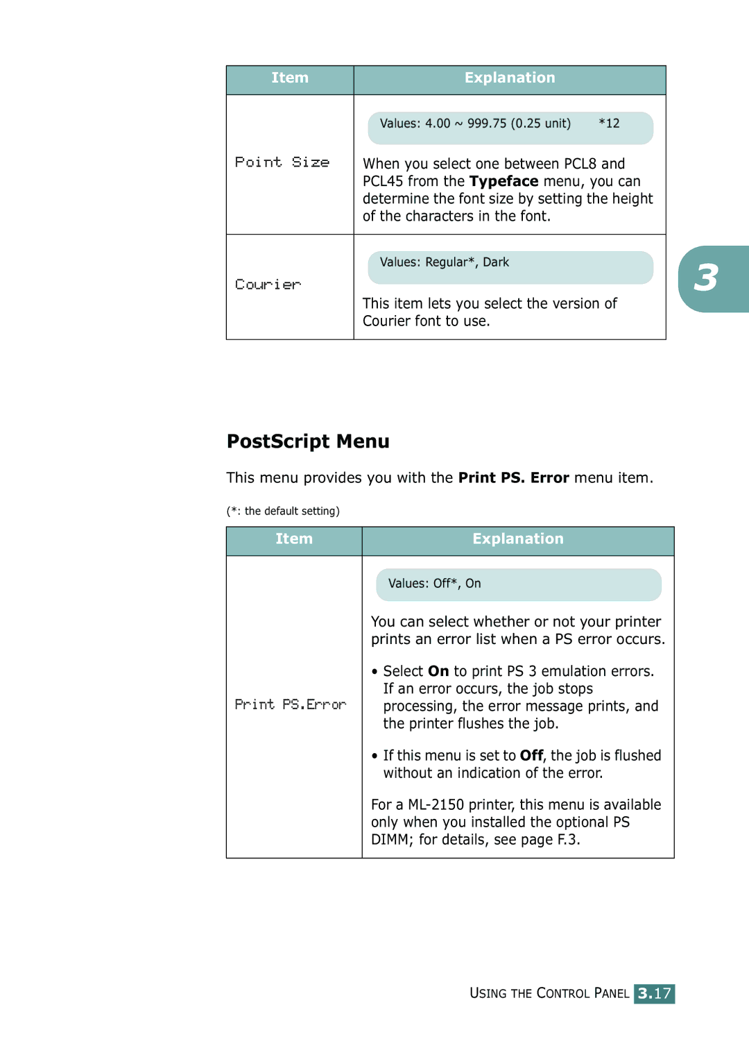 Samsung ML-2150 manual PostScript Menu 