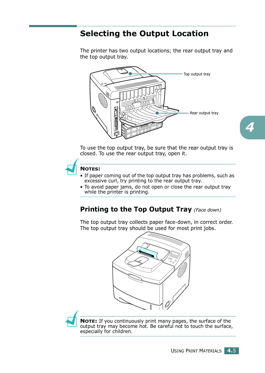 Samsung ML-2150 manual Selecting the Output Location, Printing to the Top Output Tray Face down 