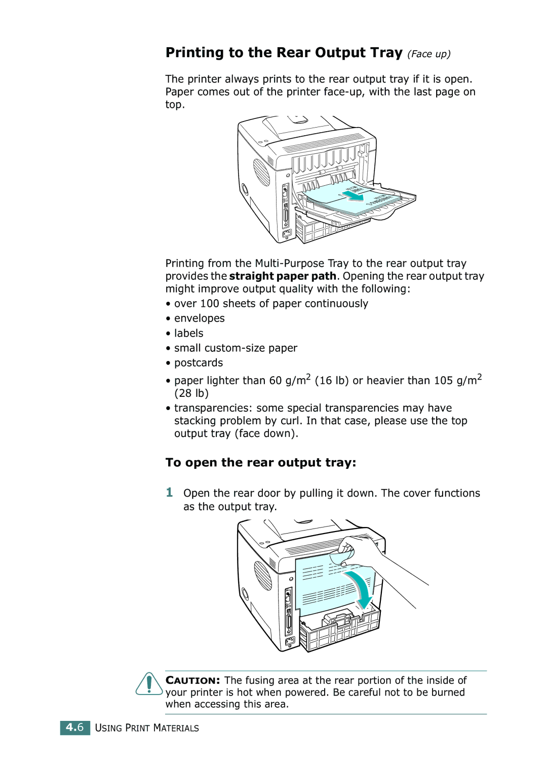 Samsung ML-2150 manual Printing to the Rear Output Tray Face up, To open the rear output tray 