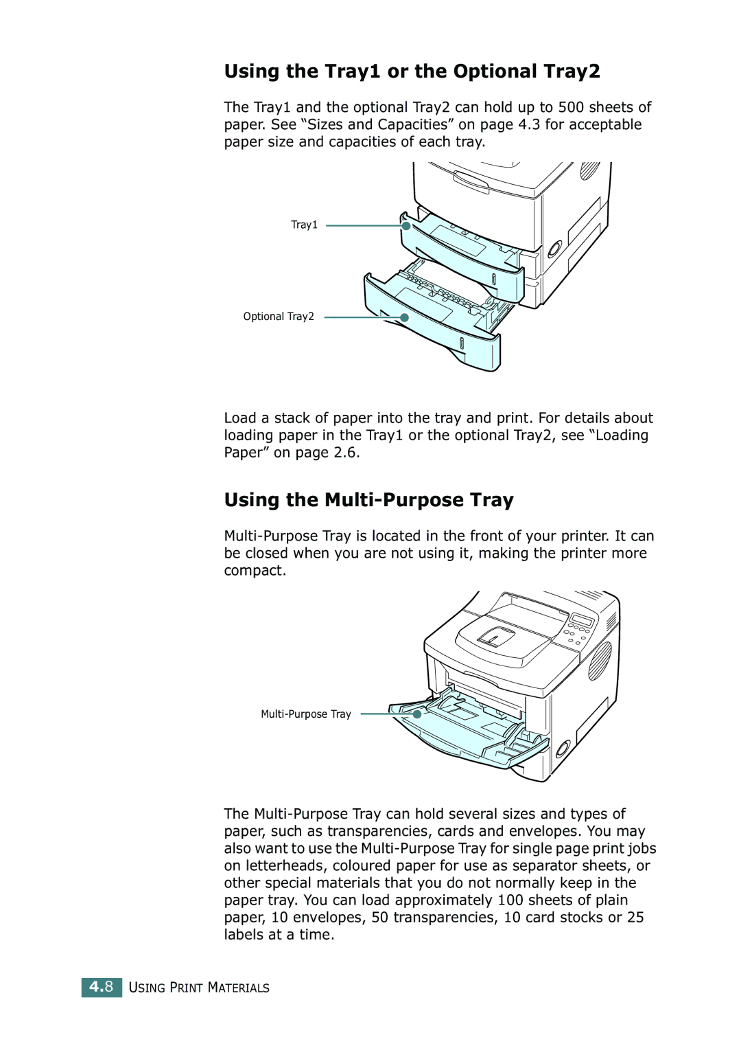 Samsung ML-2150 manual Using the Tray1 or the Optional Tray2, Using the Multi-Purpose Tray 